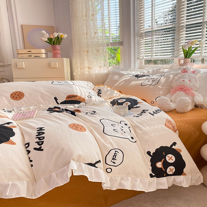 91家纺网 家纺一手货源 找家纺 2025新款公主风四件套全棉纯棉白花边被套床单款式三件套 煤球