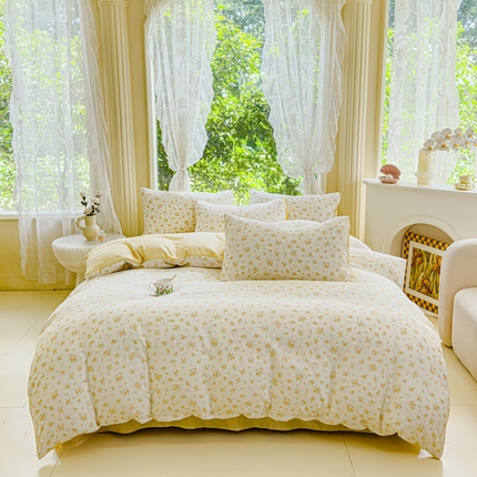 仟网汇 2025新款亲肤舒适提花小竺棉彩竹棉彩竺棉系列四件套 彩竺棉-清雅-黄