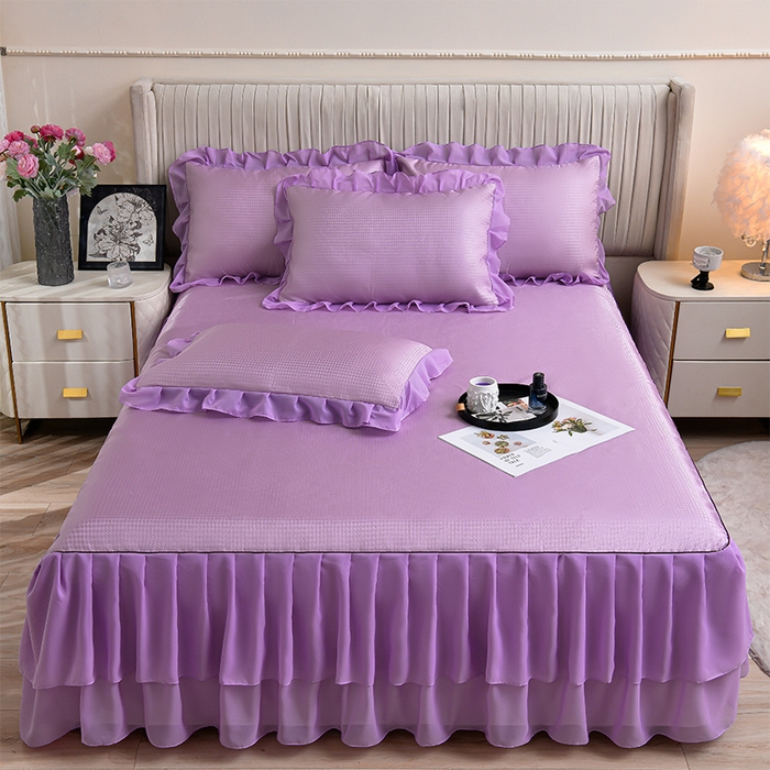 91家纺网 家纺一手货源 找家纺 家之硕家纺 2025新款冰丝凉席床裙款三件套 浅紫