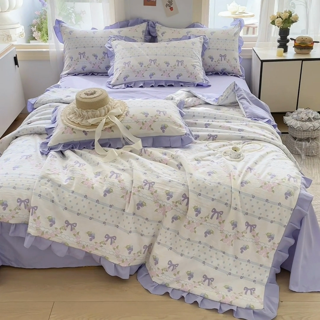 91家纺网 家纺一手货源 找家纺 佳一家纺 2025新款亲肤水洗棉夏被 蝴蝶结紫