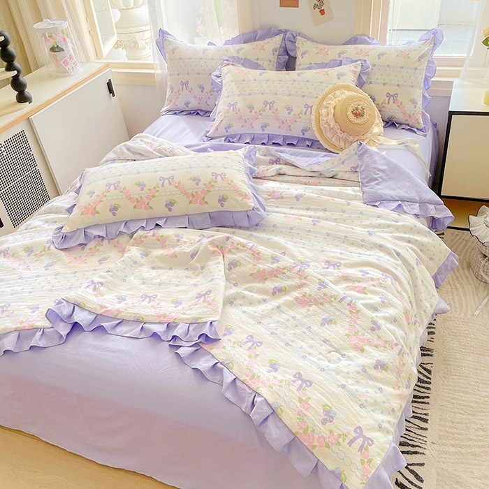 91家纺网 家纺一手货源 找家纺 佳一家纺 2025新款亲肤水洗棉夏被 蝴蝶结紫