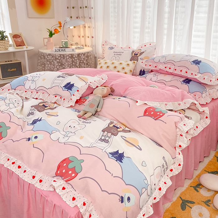 91家纺网 家纺一手货源 找家纺 2025新款公主风四件套全棉纯棉白花边被套床单款式三件套 喜事兔