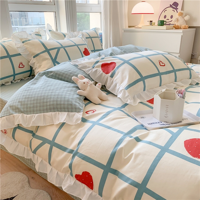 91家纺网 家纺一手货源 找家纺 2025新款公主风四件套全棉纯棉白花边被套床单款式三件套 心心格