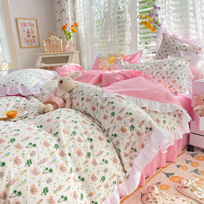 91家纺网 家纺一手货源 找家纺 2025新款公主风四件套全棉纯棉白花边被套床单款式三件套 小飞象