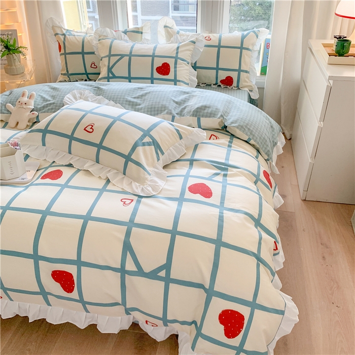 91家纺网 家纺一手货源 找家纺 2025新款公主风四件套全棉纯棉白花边被套床单款式三件套 心心格