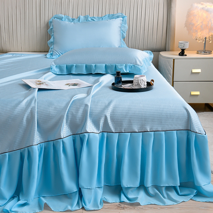 91家纺网 家纺一手货源 找家纺 家之硕家纺 2025新款冰丝凉席床裙款三件套 天空蓝