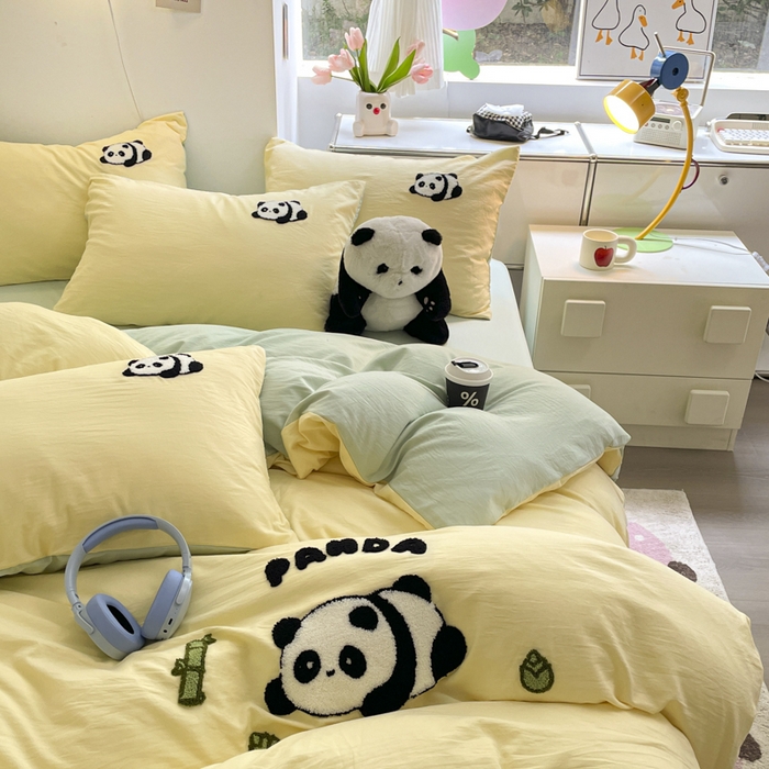 91家纺网 家纺一手货源 找家纺 优卡迪家纺馆 2025新款水洗棉毛巾绣四件套（下载文件夹包含买家秀） 淘气熊猫-黄