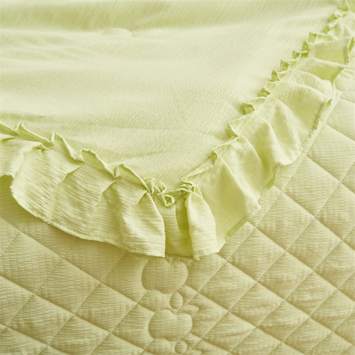 91家纺网 家纺一手货源 找家纺 恒爱家纺 2025新款A类泡泡纱床盖-杜鹃 芥末绿