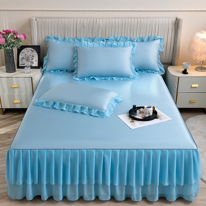 91家纺网 家纺一手货源 找家纺 家之硕家纺 2025新款冰丝凉席床裙款三件套 天空蓝