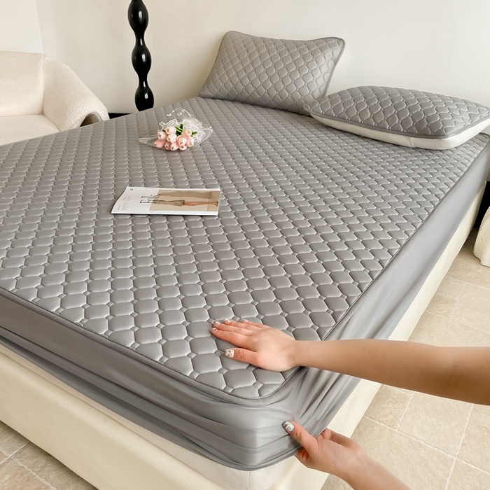 91家纺网 家纺一手货源 找家纺 欧邦2025新款纯色加厚乳胶床笠三件套 方格-深灰