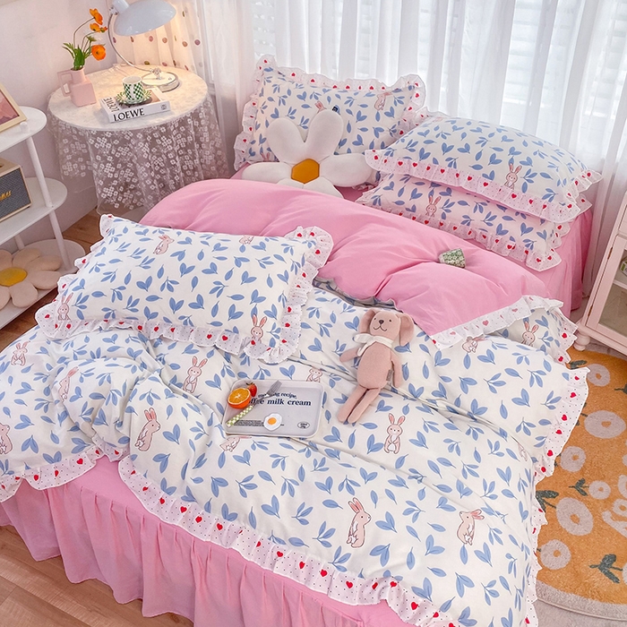 91家纺网 家纺一手货源 找家纺 2025新款公主风四件套全棉纯棉白花边被套床单款式三件套 树叶兔