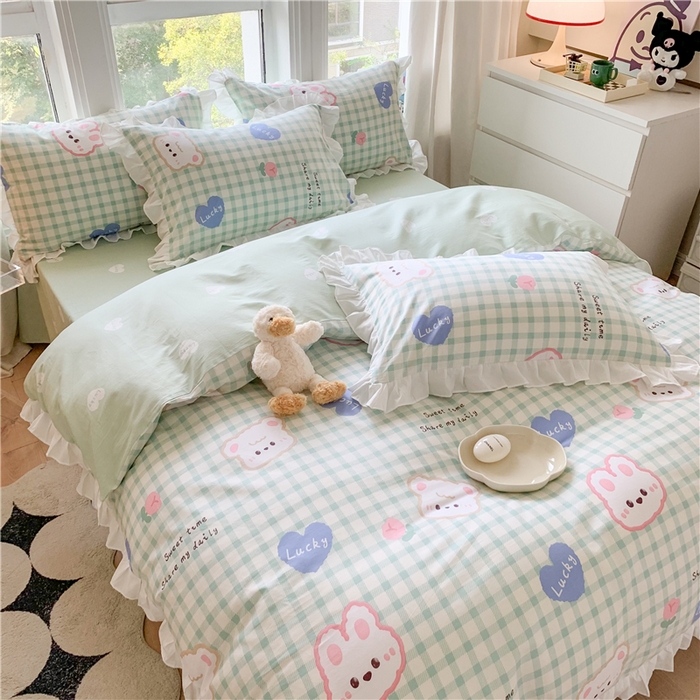 91家纺网 家纺一手货源 找家纺 2025新款公主风四件套全棉纯棉白花边被套床单款式三件套 兔兔高