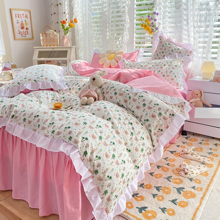 91家纺网 家纺一手货源 找家纺 2025新款公主风四件套全棉纯棉白花边被套床单款式三件套 小飞象