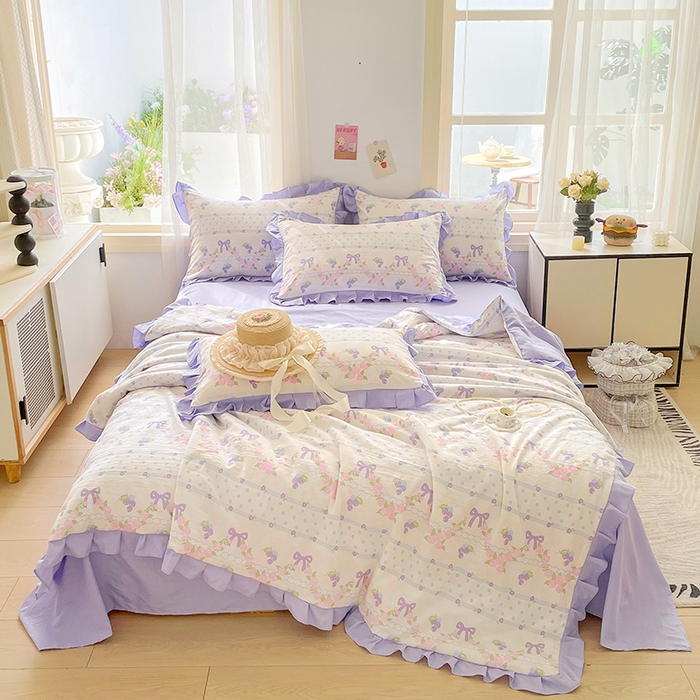 91家纺网 家纺一手货源 找家纺 佳一家纺 2025新款亲肤水洗棉夏被 蝴蝶结紫