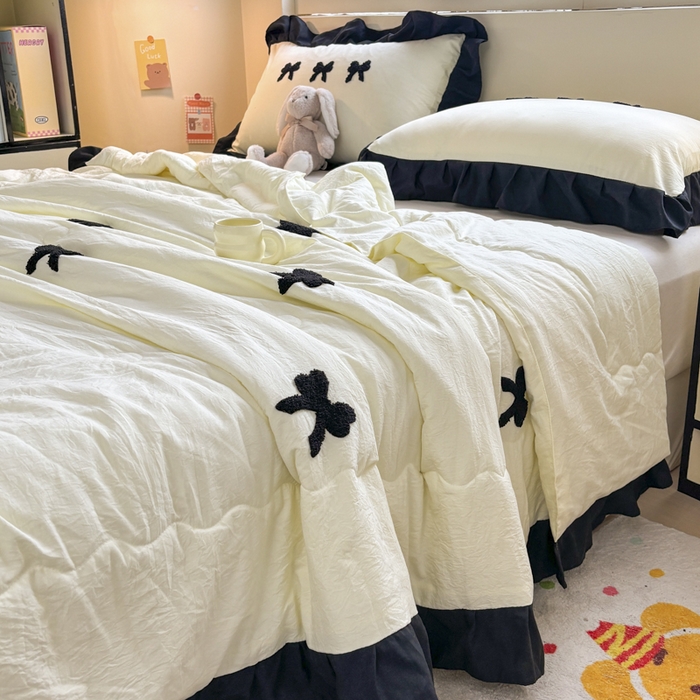 91家纺网 家纺一手货源 找家纺 老K (原美阁） 2025新款毛巾绣韩版单夏被空调被单品 蝴蝶结-米白