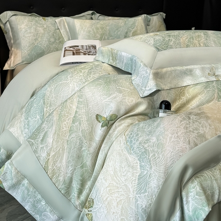 91家纺网 家纺一手货源 找家纺 （总）博纳家纺 2025新款50兰精天丝大宽边撞色拼角高级简奢款凉感天丝数码印花四件套（已在兰精公司备案）