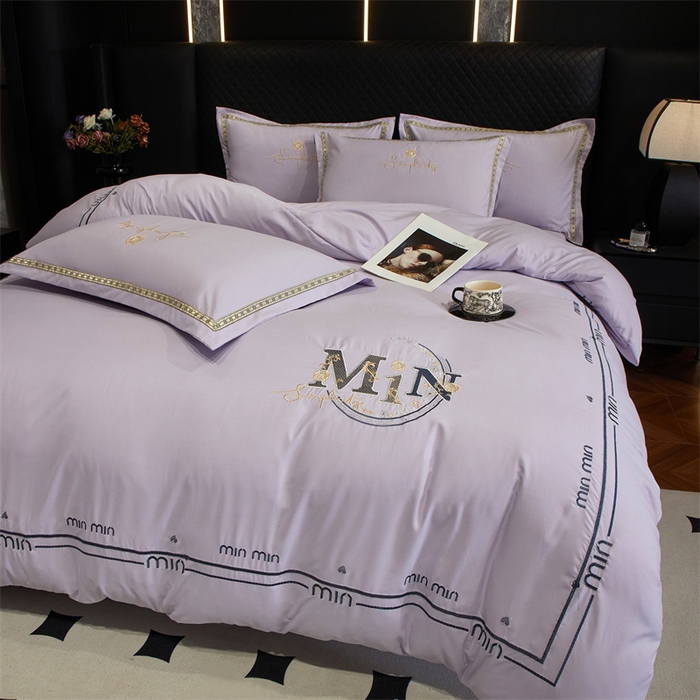 91家纺网 家纺一手货源 找家纺 佳宇轩 2025爆款水洗棉五彩刺绣四件套简约轻奢织带绣花床单床笠被罩4件套-简约时代 简约时代紫