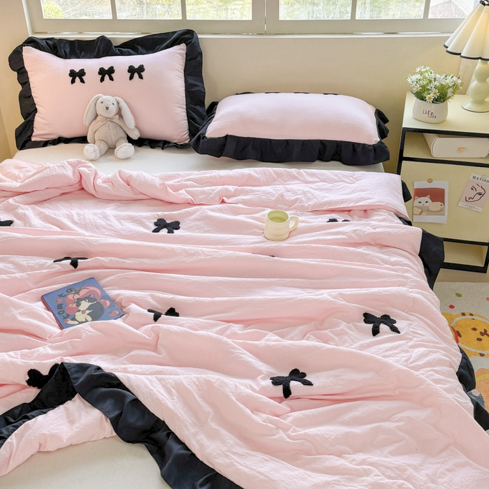 91家纺网 家纺一手货源 找家纺 老K (原美阁） 2025新款毛巾绣韩版单夏被空调被单品 蝴蝶结-粉