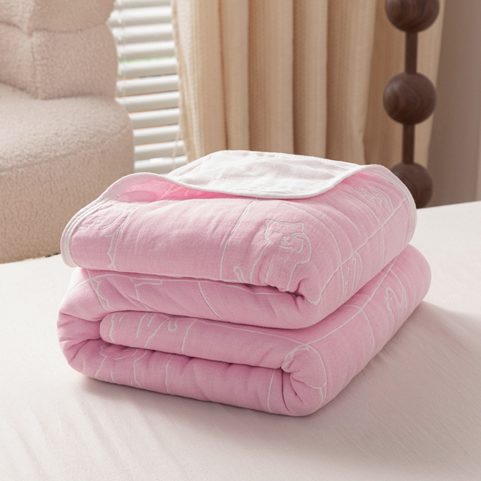 91家纺网 家纺一手货源 找家纺 乐家毛巾被（工厂自产自销） 2025春夏新款亲肤舒适六层纱布被 粉色简笔猫