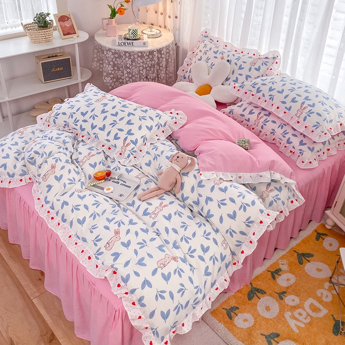 91家纺网 家纺一手货源 找家纺 2025新款公主风四件套全棉纯棉白花边被套床单款式三件套 兔宝宝