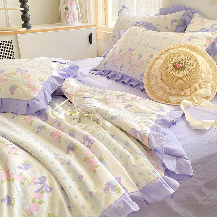 91家纺网 家纺一手货源 找家纺 佳一家纺 2025新款亲肤水洗棉夏被 蝴蝶结紫