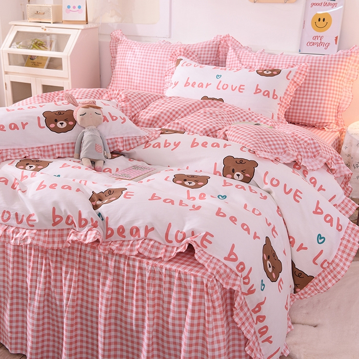 91家纺网 家纺一手货源 找家纺 2025新款公主风四件套全棉纯棉白花边被套床单款式三件套 熊宝宝