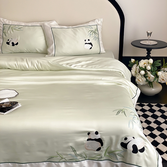 91家纺网 家纺一手货源 找家纺 MIU缪家居 2025新款60支兰精天丝四件套-熊猫与竹 熊猫与竹-清绿
