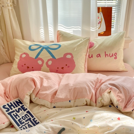 91家纺网 家纺一手货源 找家纺 桃喜 2025新款韩系卡通水洗棉毛巾绣套件（化纤） 星星小熊（水洗棉）