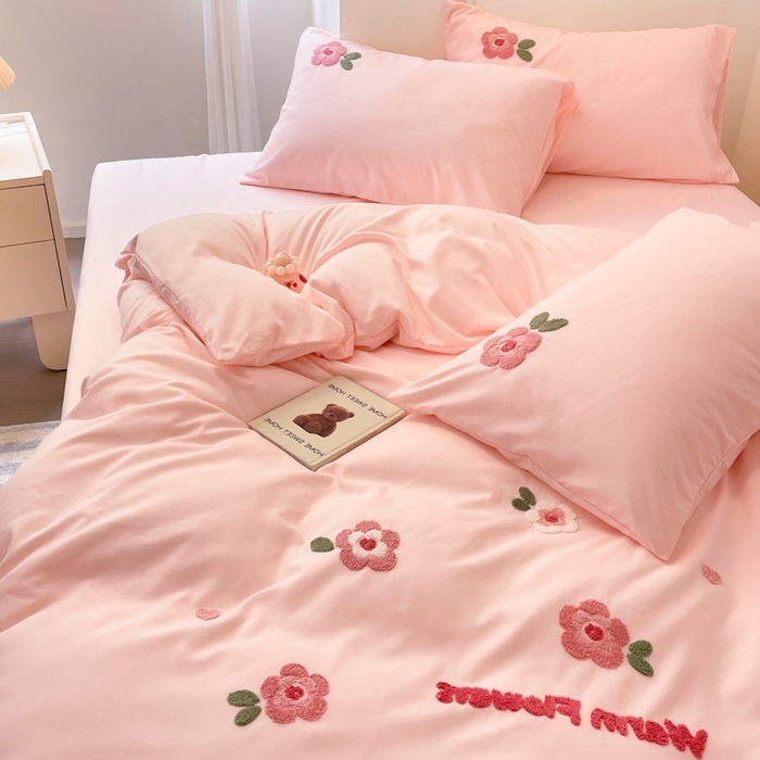 91家纺网 家纺一手货源 找家纺 优卡迪家纺馆 2025新款水洗棉毛巾绣四件套（下载文件夹包含买家秀） 国色天香-玉粉