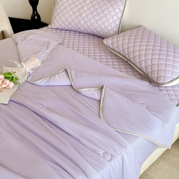 91家纺网 家纺一手货源 找家纺 欧邦2025新款纯色加厚乳胶床笠三件套 方格-浅紫