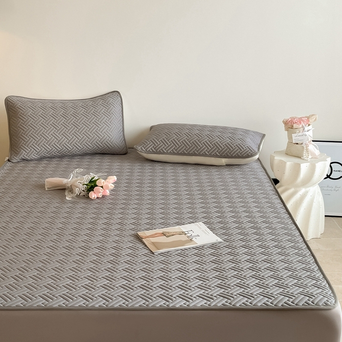 91家纺网 家纺一手货源 找家纺 欧邦2025新款纯色加厚乳胶床笠三件套 饼干花-深灰