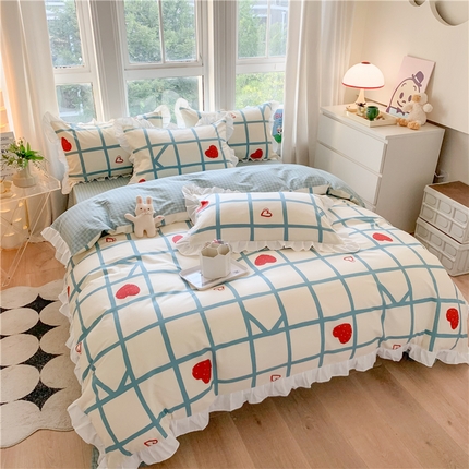 2025新款公主风四件套全棉纯棉白花边被套床单款式三件套 心心格