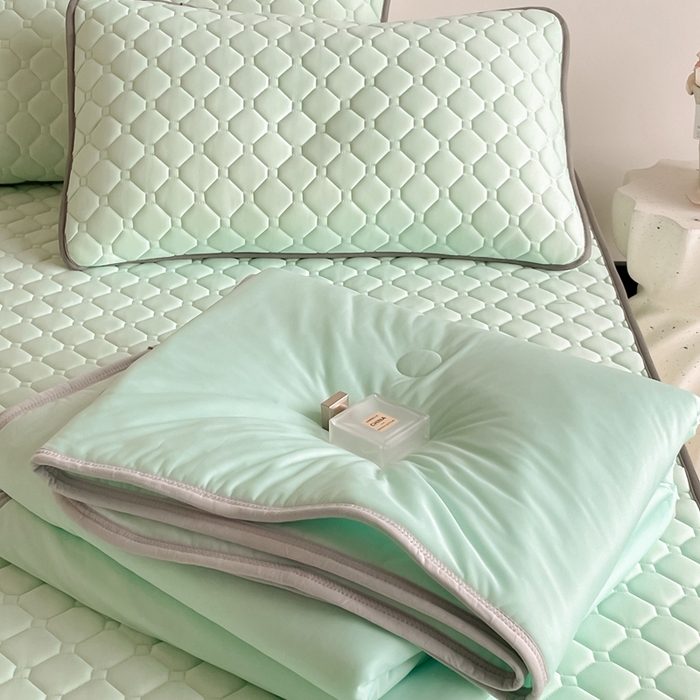 91家纺网 家纺一手货源 找家纺 欧邦2025新款纯色加厚乳胶床笠三件套 方格-水绿