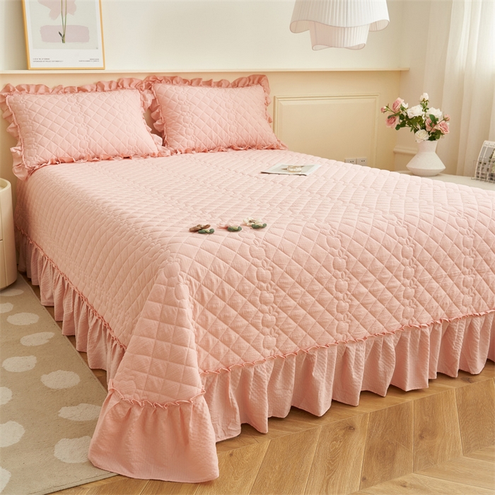 91家纺网 家纺一手货源 找家纺 恒爱家纺 2025新款A类泡泡纱床盖-杜鹃 浅豆沙