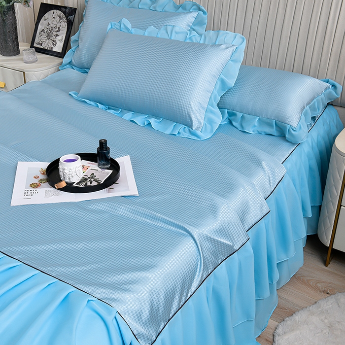 91家纺网 家纺一手货源 找家纺 家之硕家纺 2025新款冰丝凉席床裙款三件套 天空蓝