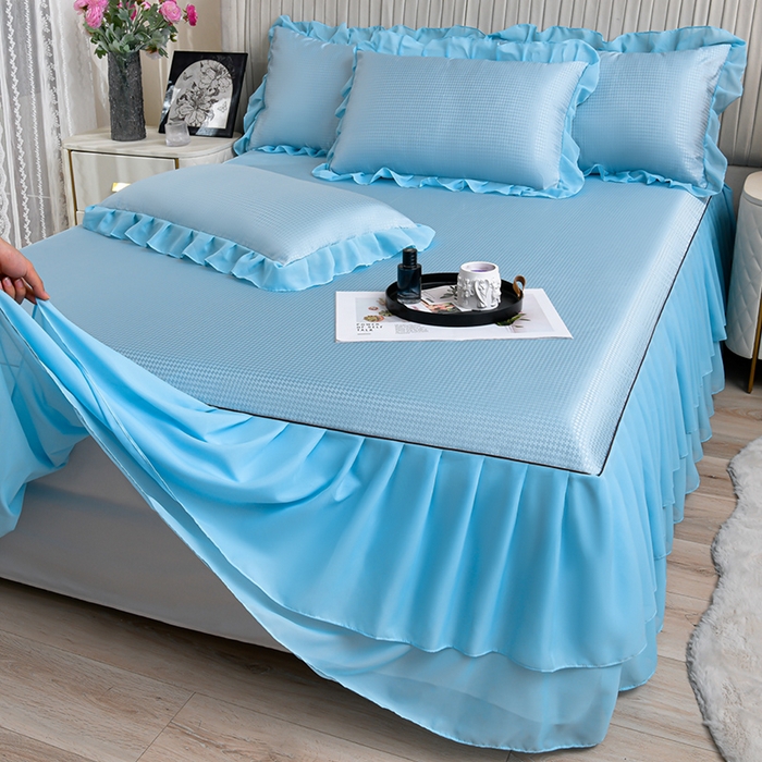 91家纺网 家纺一手货源 找家纺 家之硕家纺 2025新款冰丝凉席床裙款三件套 天空蓝