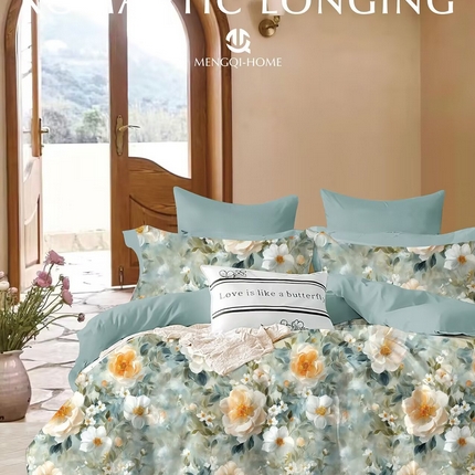 丽卡家纺 2025新款全棉纯棉13376数码印花四件套 澜音花束-绿