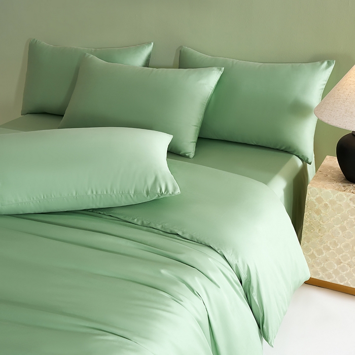 91家纺网 家纺一手货源 找家纺 闲鱼家纺 2025新款亲肤舒适60S黑标A类全棉纯色四件套单被套单床笠-风格一单被套单床笠-风格二 翠微绿