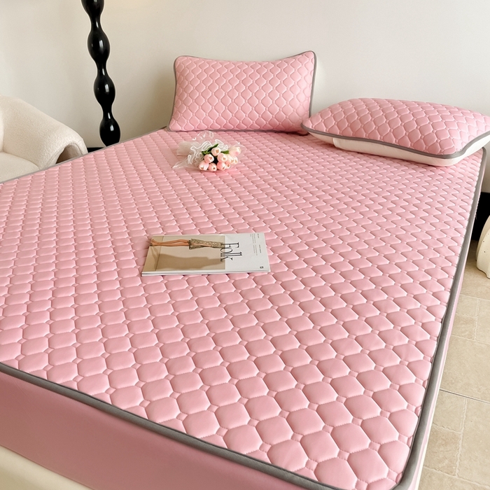 91家纺网 家纺一手货源 找家纺 欧邦2025新款纯色加厚乳胶床笠三件套 方格-豆粉