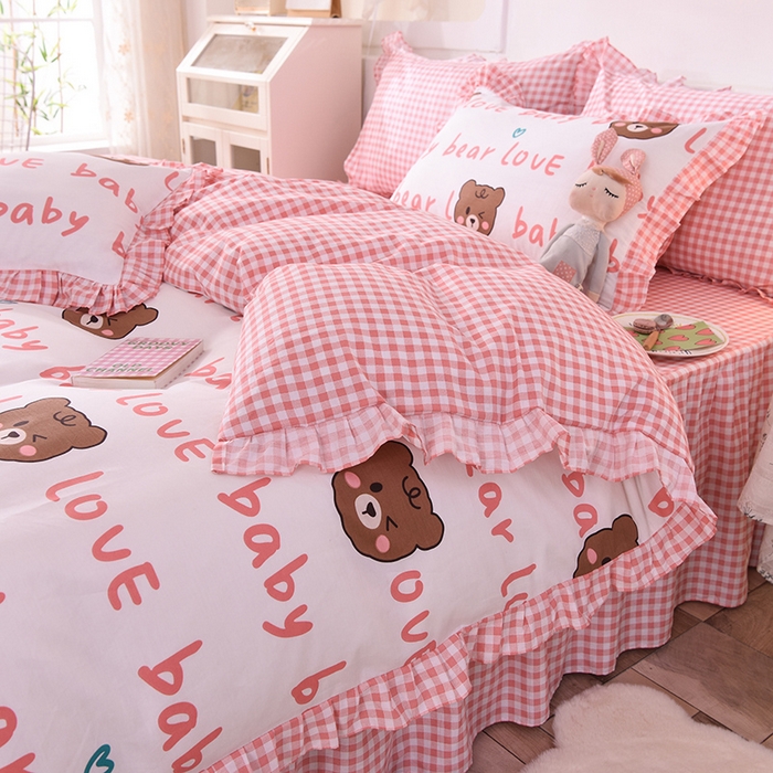 91家纺网 家纺一手货源 找家纺 2025新款公主风四件套全棉纯棉白花边被套床单款式三件套 熊宝宝