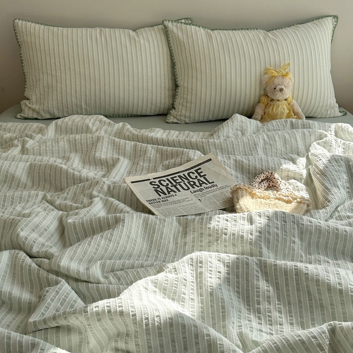 91家纺网 家纺一手货源 找家纺   曼町家居2025新款全棉水洗棉提花贝壳边夏被系列 薄荷绿