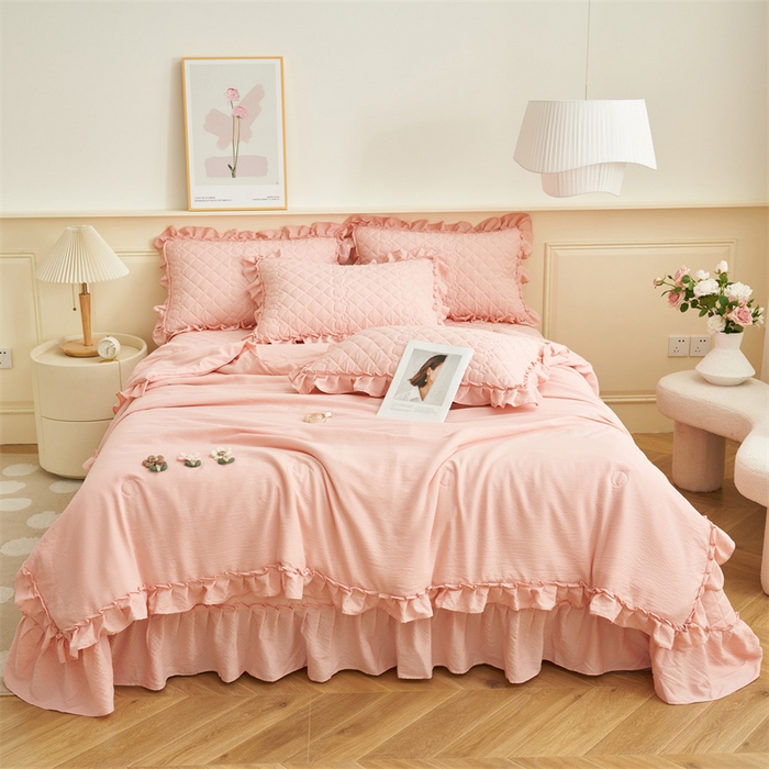 91家纺网 家纺一手货源 找家纺 恒爱家纺 2025新款A类泡泡纱床盖-杜鹃 浅豆沙