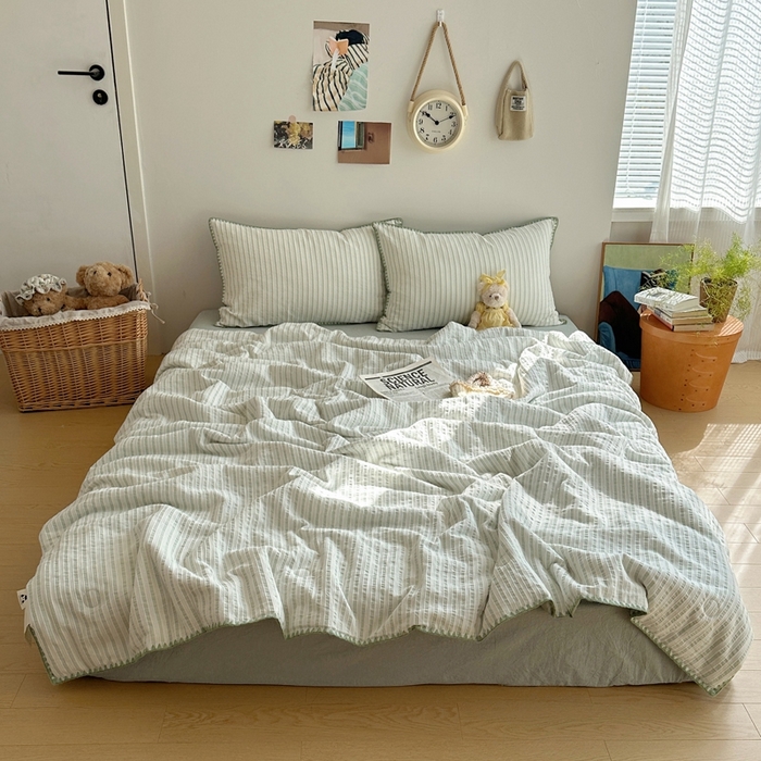 91家纺网 家纺一手货源 找家纺   曼町家居2025新款全棉水洗棉提花贝壳边夏被系列 薄荷绿