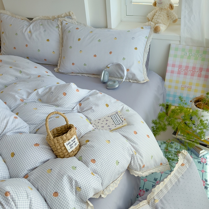 91家纺网 家纺一手货源 找家纺 竹合家纺 2025新款春日碎花法式镂空花边款式提花皱皱四件套 法式-小南瓜灰