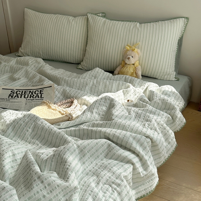 91家纺网 家纺一手货源 找家纺   曼町家居2025新款全棉水洗棉提花贝壳边夏被系列 薄荷绿