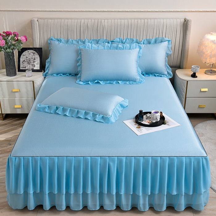 91家纺网 家纺一手货源 找家纺 家之硕家纺 2025新款冰丝凉席床裙款三件套 天空蓝