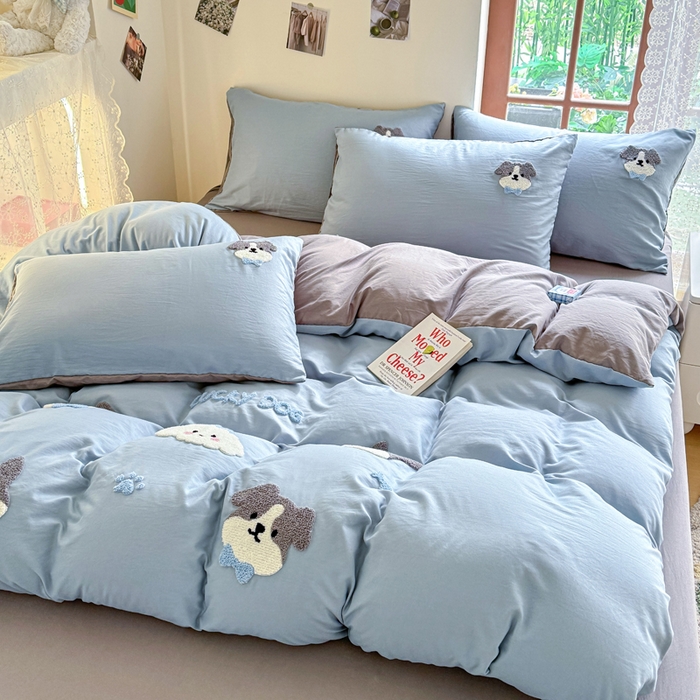 91家纺网 家纺一手货源 找家纺 优卡迪家纺馆 2025新款水洗棉毛巾绣四件套（下载文件夹包含买家秀） 萌萌狗-月光蓝