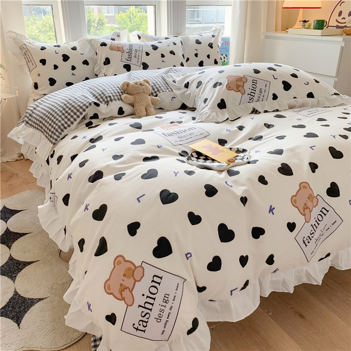 91家纺网 家纺一手货源 找家纺 2025新款公主风四件套全棉纯棉白花边被套床单款式三件套 爱心小熊