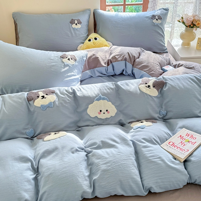 91家纺网 家纺一手货源 找家纺 优卡迪家纺馆 2025新款水洗棉毛巾绣四件套（下载文件夹包含买家秀） 萌萌狗-月光蓝