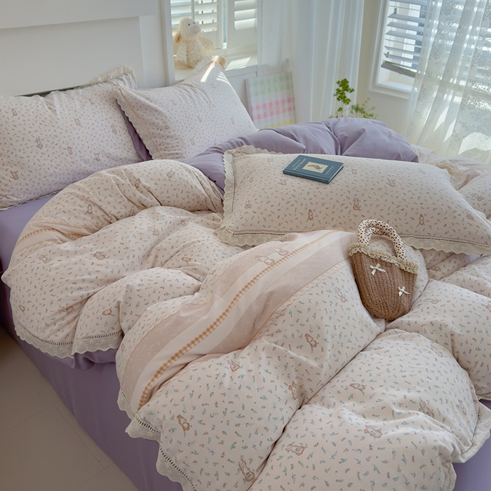 91家纺网 家纺一手货源 找家纺 竹合家纺 2025新款春日碎花法式镂空花边款式提花皱皱四件套 法式-乖乖兔